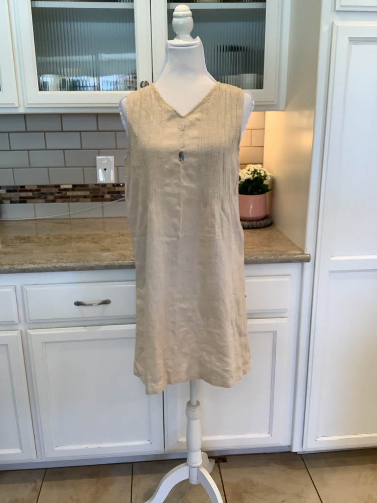 Kiko Natural Beige Linen Sleeveless Dress Small Embroidered Sea Ocean Theme